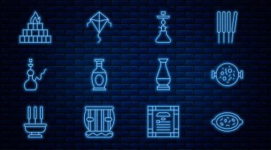 Set line Kheer in a bowl Chicken tikka masala Hookah Indian vase Yagna and Kite icon. Vector.