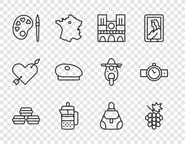 Set line Macaron cookie Grape fruit Notre Dame French press Paint brush with palette beret Handbag and Wrist watch icon. Vector.