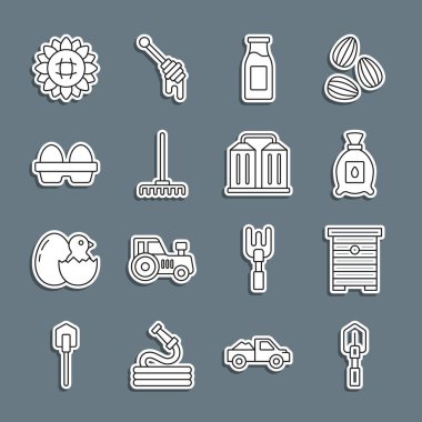 Set line Shovel Hive for bees Pack full of seeds of plant Bottle with milk Garden rake Chicken egg in box Sunflower and Granary icon. Vector.
