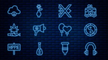 Set line Headphones Yin Yang symbol No war Megaphone Marijuana joint spliff Peace cloud Balloons and Flower vase icon. Vector.