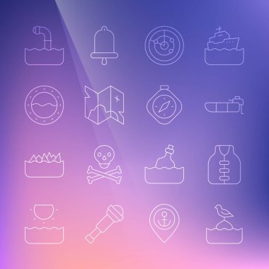 Set line Seagull sits on a buoy Life jacket Inflatable boat with motor Radar targets Pirate treasure map Ship porthole Periscope and Compass icon. Vector.