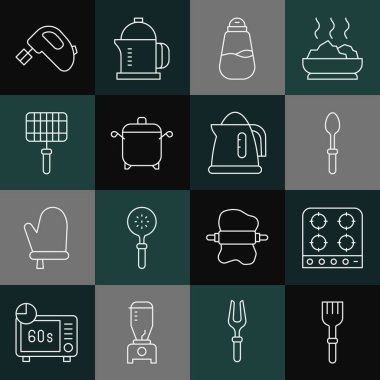 Set line Fork Gas stove Teaspoon Salt Cooking pot Barbecue steel grid Electric mixer and kettle icon. Vector.