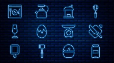 Set line Jam jar Cutting board and knife Manual coffee grinder Broken egg Wine glass Cooking live streaming Scales and Kettle with handle icon. Vector.