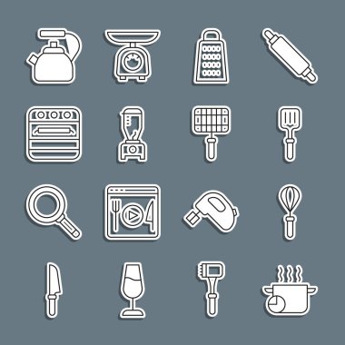 Set line Cooking pot Kitchen whisk Barbecue spatula Grater Blender Oven Kettle with handle and steel grid icon. Vector.