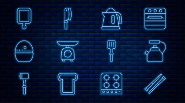Set line Food chopsticks Kettle with handle Electric kettle Scales Kitchen timer Cutting board Barbecue spatula and Meat chopper icon. Vector.