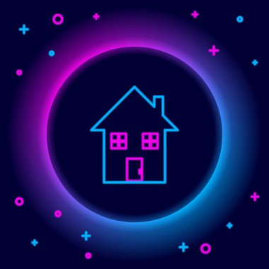 Parlayan neon çizgili ev siyah arka planda izole edilmiş koruma simgesi altında. Ev ve kalkan. Koruma, güvenlik, güvenlik, koruma, savunma konsepti. Renkli taslak konsepti. Vektör.