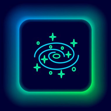 Siyah arkaplanda izole edilmiş yıldız simgesiyle parlayan neon çizgisi Samanyolu sarmal gökadası. Renkli taslak konsepti. Vektör.