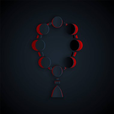 Kağıt kesiği tespih, siyah arka planda izole edilmiş din ikonu. Kağıt sanatı tarzı. Vektör İllüstrasyonu.