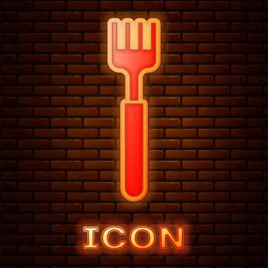 Parlayan neon çatal simgesi tuğla duvar arka planında izole edilmiş. Çatal bıçak sembolü. Vektör İllüstrasyonu.