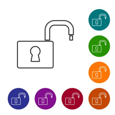 Black line Open padlock icon isolated on white background. Opened lock sign. Cyber security concept. Digital data protection. Set icons in color circle buttons. Vector.