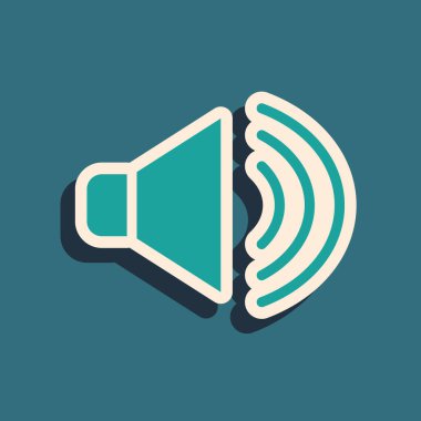 Yeşil Hoparlör sesi, ses sembolü, yeşil arkaplanda izole edilmiş medya müzik ikonu. Uzun gölge tarzı. Vektör.