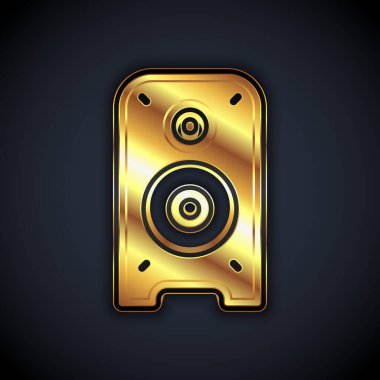 Altın Stereo hoparlörü simgesi siyah arkaplanda izole edildi. Ses sistemi hoparlörleri. Müzik ikonu. Müzikal sütun hoparlörü. Vektör.