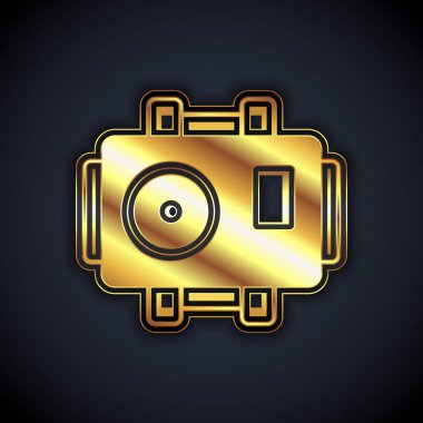 Siyah arkaplanda izole edilmiş dalgıç simgesi için altın fotoğraf makinesi. Fotoğraf makinesi simgesi. Su altı ekipmanları. Vektör.