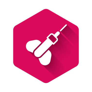 White Dart arrow icon isolated with long shadow background. Pink hexagon button. Vector.