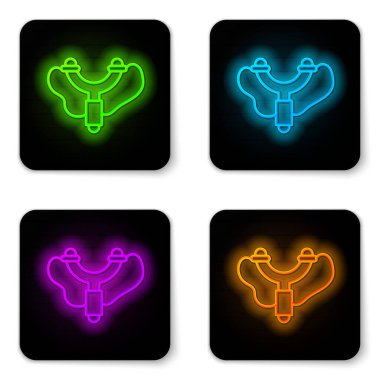 Parlayan neon çizgisi Sapan simgesi beyaz arkaplanda izole edildi. Siyah kare düğme. Vektör.