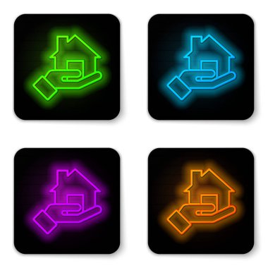 Parlayan neon hattı emlakçı simgesi beyaz arkaplanda izole edildi. Ev almak. Siyah kare düğme. Vektör.