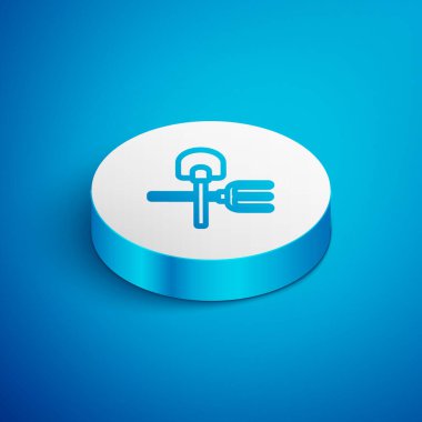 Isometric line Shovel and rake icon isolated on blue background. Tool for horticulture, agriculture, gardening, farming. Ground cultivator. White circle button. Vector.