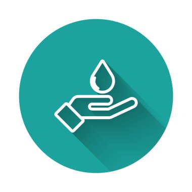 White line Washing hands with soap icon isolated with long shadow. Washing hands with soap to prevent virus and bacteria. Green circle button. Vector..