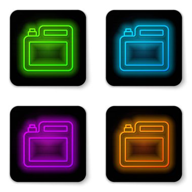 Beyaz arka planda izole edilmiş motor makine yağı ikonu için parlayan neon hattı kutusu. Benzin bidonu. Yağ değiştirme ve onarım servisi. Motor yağı işareti. Siyah kare düğme. Vektör.