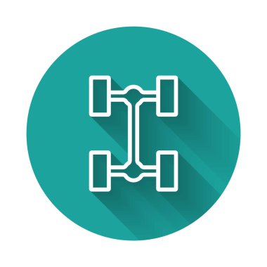 Beyaz çizgi Chassis araba ikonu uzun gölgeli izole edilmiş. Yeşil daire düğmesi. Vektör.