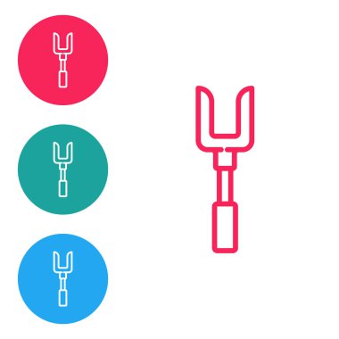 Kırmızı çizgi barbekü çatalı simgesi beyaz arkaplanda izole edildi. Mangal çatalı tabelası. Barbekü ve ızgara aleti. Simgeleri daire düğmelerine ayır. Vektör.