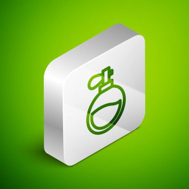 Isometric line Perfume icon isolated on green background. Silver square button. Vector.
