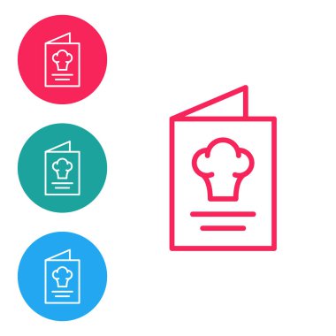 Kırmızı çizgi yemek kitabı simgesi beyaz arkaplanda izole edildi. Yemek kitabı ikonu. Yemek tarifi kitabı. Çatal ve bıçak ikonları. Çatal bıçak sembolü. Simgeleri daire düğmelerine ayır. Vektör.