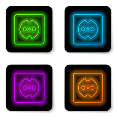 Glowing neon line Electrical outlet icon isolated on white background. Power socket. Rosette symbol. Black square button. Vector.