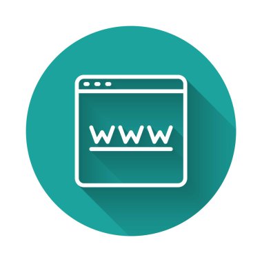 Beyaz çizgi Tarayıcı pencere simgesi uzun gölge arkaplanı ile izole edildi. Yeşil daire düğmesi. Vektör.