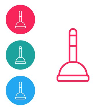 Red line Rubber plunger with wooden handle for pipe cleaning icon isolated on white background. Toilet plunger. Set icons in circle buttons. Vector.