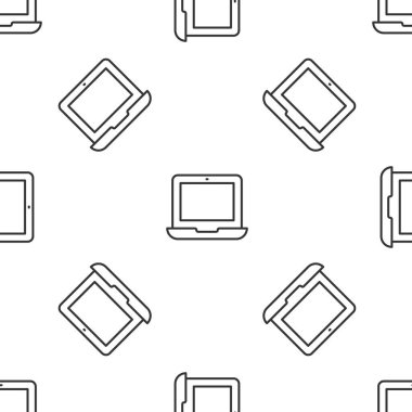 Gri çizgi dizüstü bilgisayar simgesi beyaz arkaplandaki kusursuz deseni izole etti. Boş ekran işaretli bilgisayar defteri. Vektör.