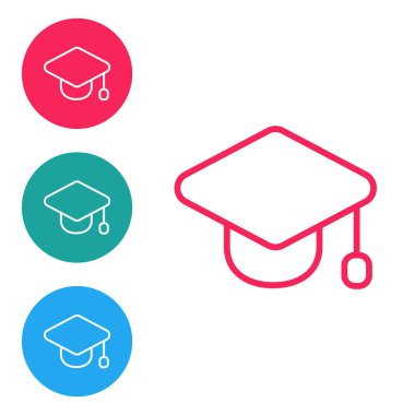 Red line Graduation cap icon isolated on white background. Graduation hat with tassel icon. Set icons in circle buttons. Vector.