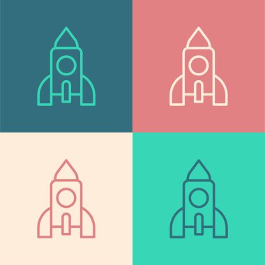 Pop art line Rocket ship toy icon isolated on color background. Space travel. Vector.