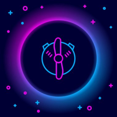 Parlayan neon hattı düzlem pervanesi simgesi siyah arkaplanda izole edildi. Klasik uçak pervanesi. Renkli taslak konsepti. Vektör.