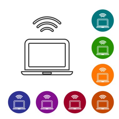 Black line Wireless laptop icon isolated on white background. Internet of things concept with wireless connection. Set icons in color circle buttons. Vector.