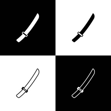 Geleneksel Japon katana simgesini siyah beyaz arkaplanda izole et. Japon kılıcı. Vektör.