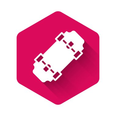 White Skateboard icon isolated with long shadow background. Extreme sport. Sport equipment. Pink hexagon button. Vector.