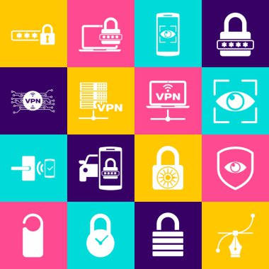 Set Bezier curve Shield and eye Eye scan Mobile Server VPN and with microchip circuit icon. Vector.