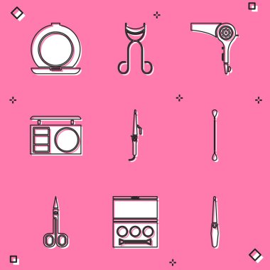 Set Makeup powder with mirror Eyelash curler Hair dryer shadow palette Curling iron Cotton swab for ears Scissors and icon. Vector.