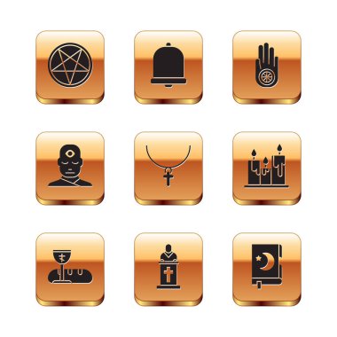 Set Pentagram in a circle First communion symbols Church pastor preaching Christian cross chain Man with third eye Jainism Jain Dharma Holy book of Koran and bell icon. Vector.