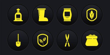 Set Shovel Shield corn with leaf Gardening handmade scissors Fertilizer bag Waterproof rubber boot Full sack and icon. Vector.