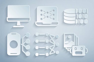 Set Neural network Binary code Artificial intelligence robot and Computer monitor icon. Vector.