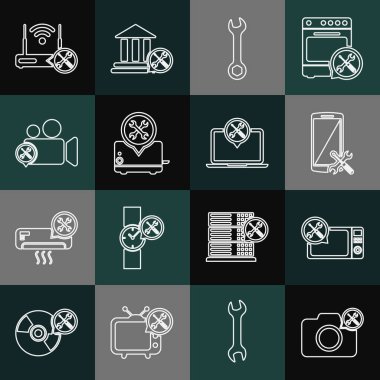 Set line Photo camera service Microwave oven Smartphone Wrench Toaster Video Router wi-fi with and Laptop icon. Vector.
