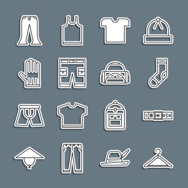 Set line Hanger wardrobe Leather belt Socks T-shirt Short or pants glove Pants and Sport bag icon. Vector.
