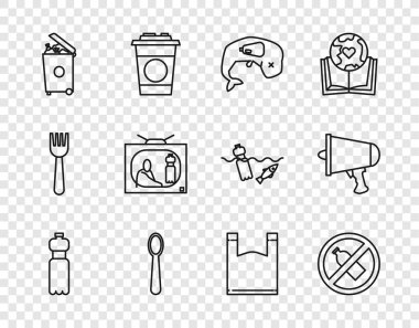 Set line Bottle of water No plastic bottle Environment protection whale dead Disposable spoon Trash can Stop pollution Plastic bag and Spread the word megaphone icon. Vector.
