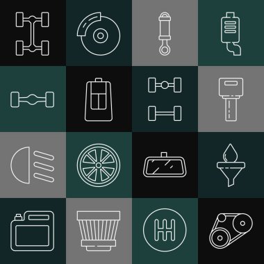 Set line Timing belt kit Funnel and oil drop Car key with remote Shock absorber Chassis car and icon. Vector.