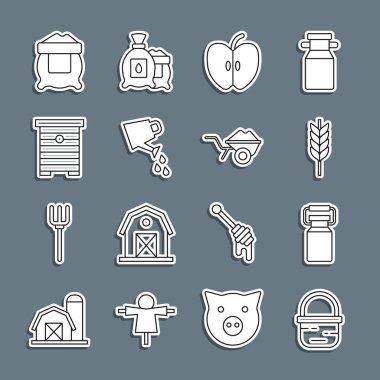 Set line Basket Can container for milk Wheat Apple Watering can Hive bees Bag of flour and Wheelbarrow with dirt icon. Vector.