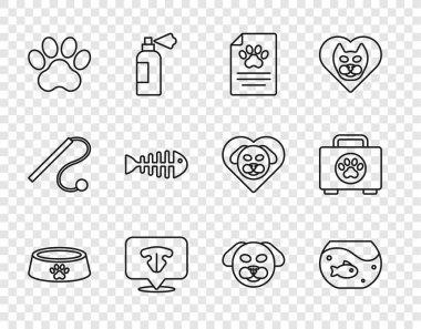 Set line Pet food bowl Aquarium with fish Clinical record pet Cat nose Paw print Fish skeleton Dog and first aid kit icon. Vector.