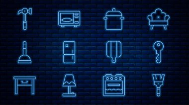 Set line Paint brush House key Cooking pot Refrigerator Rubber plunger Hammer Cutting board and Microwave oven icon. Vector.
