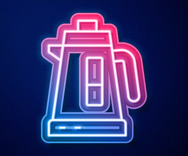Parlayan neon hattı. Mavi arka planda elektrik ısıtıcısı simgesi izole edildi. Çaydanlık ikonu. Vektör.